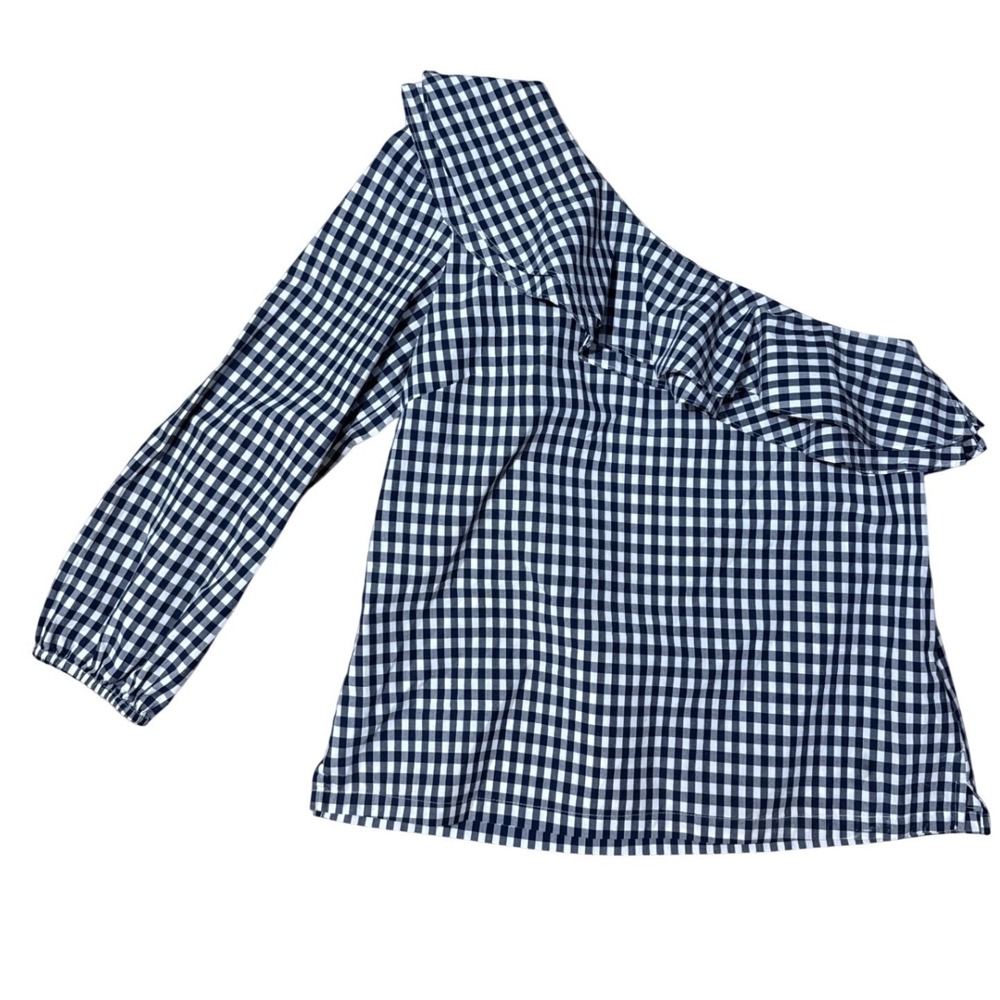 J.Crew Navy One Shoulder Gingham‎ Ruffle Blouse Womens Size 4 Preppy Polished